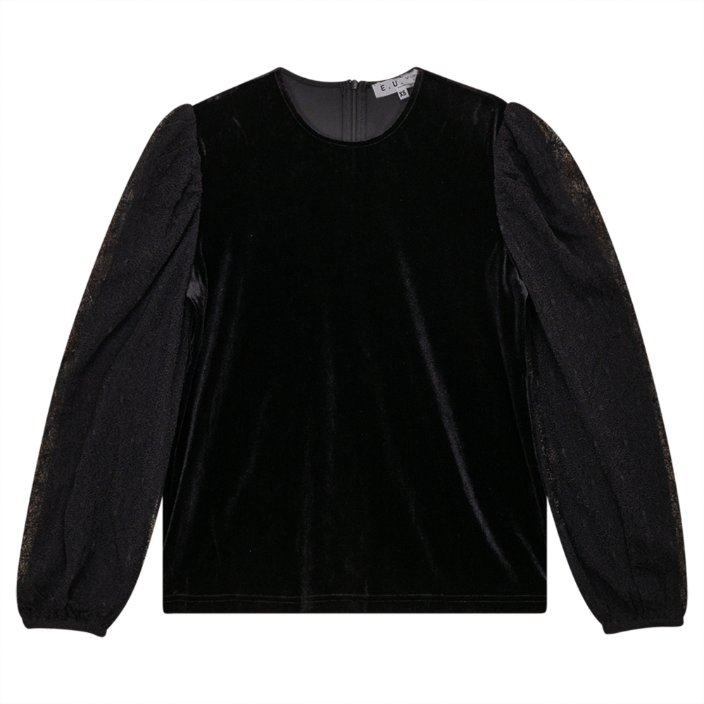 Velour Button Front Top With Organza Sleeves