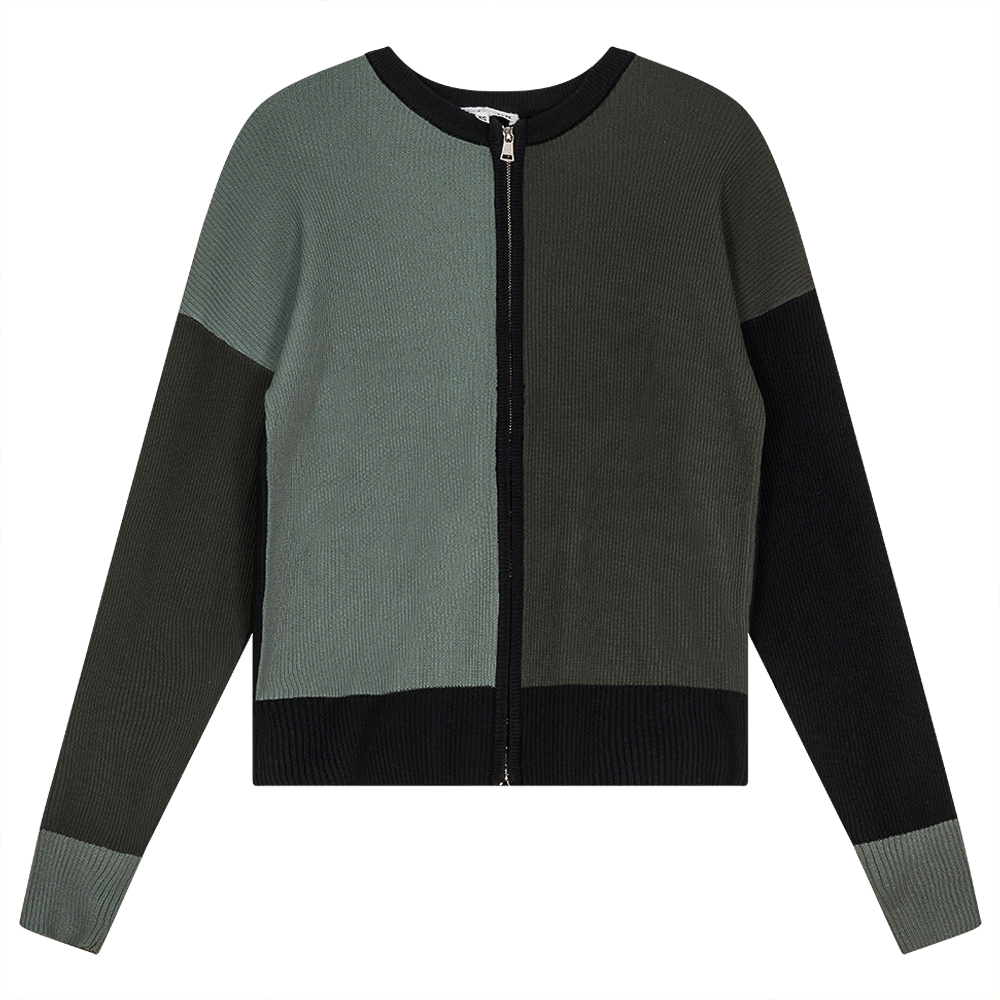 Color Block Double Zip Knit Cardigan