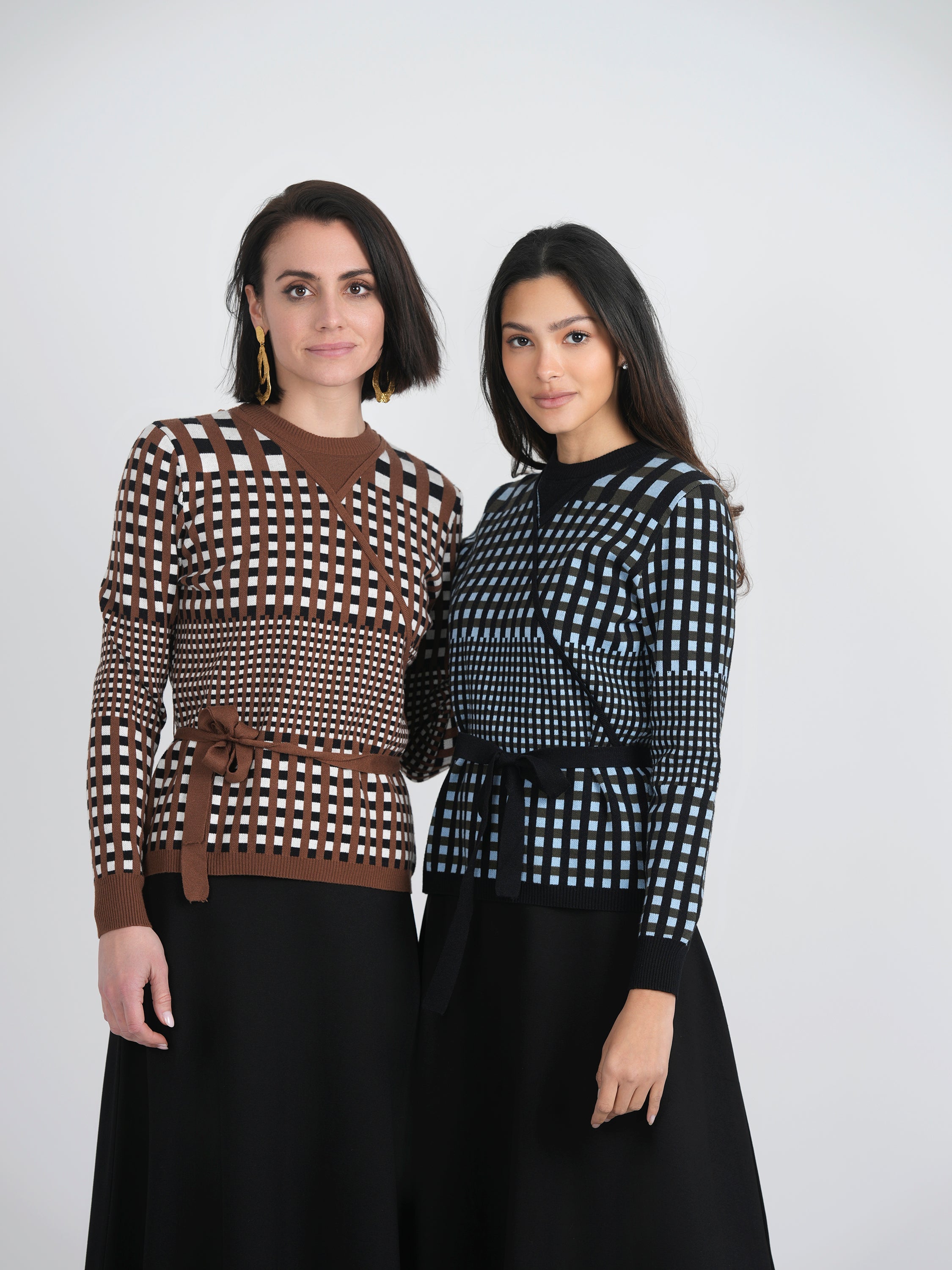 Checker Wrap Knit Mock Neck Sweater