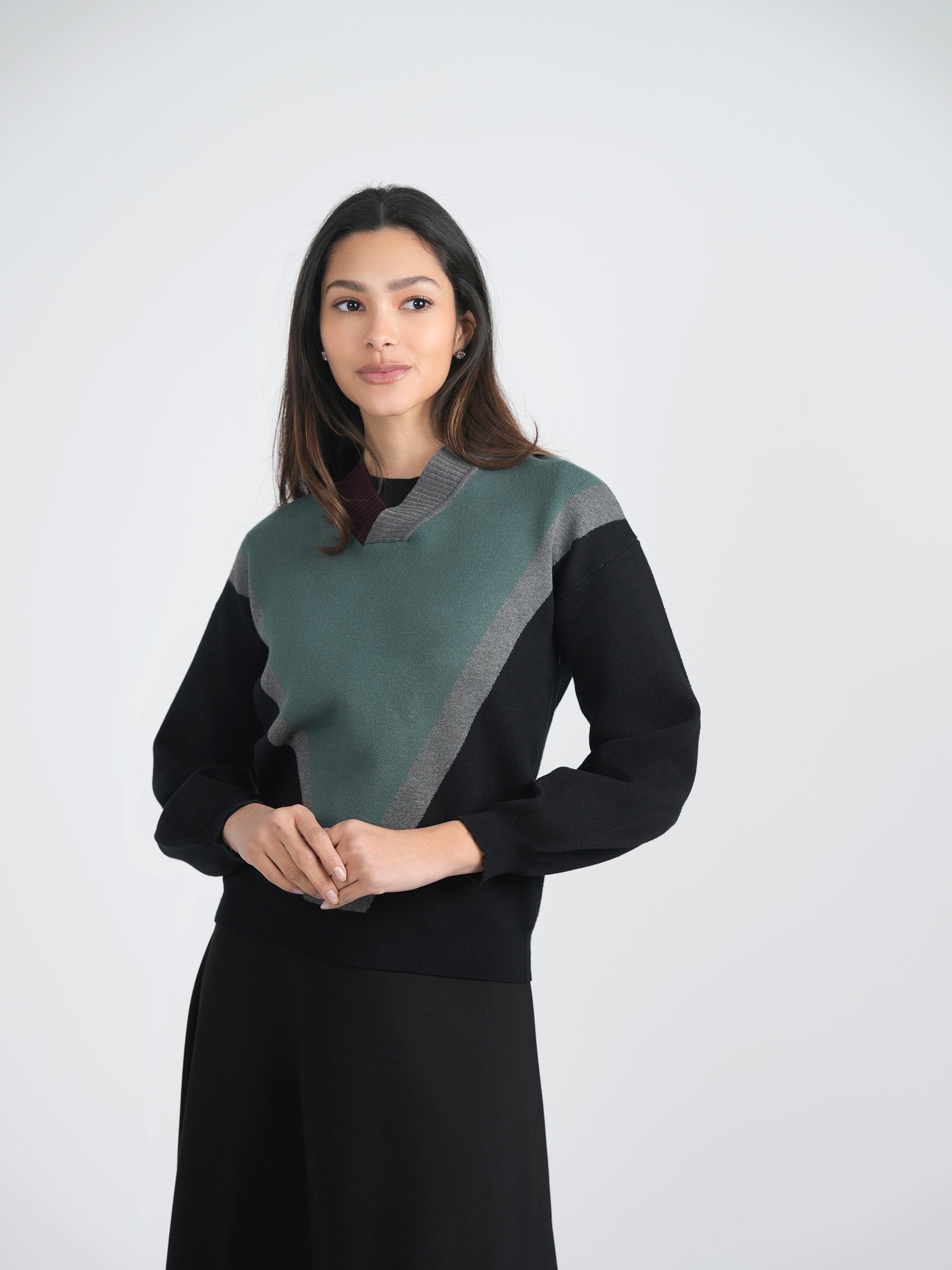 V Neck Color Block Sweater