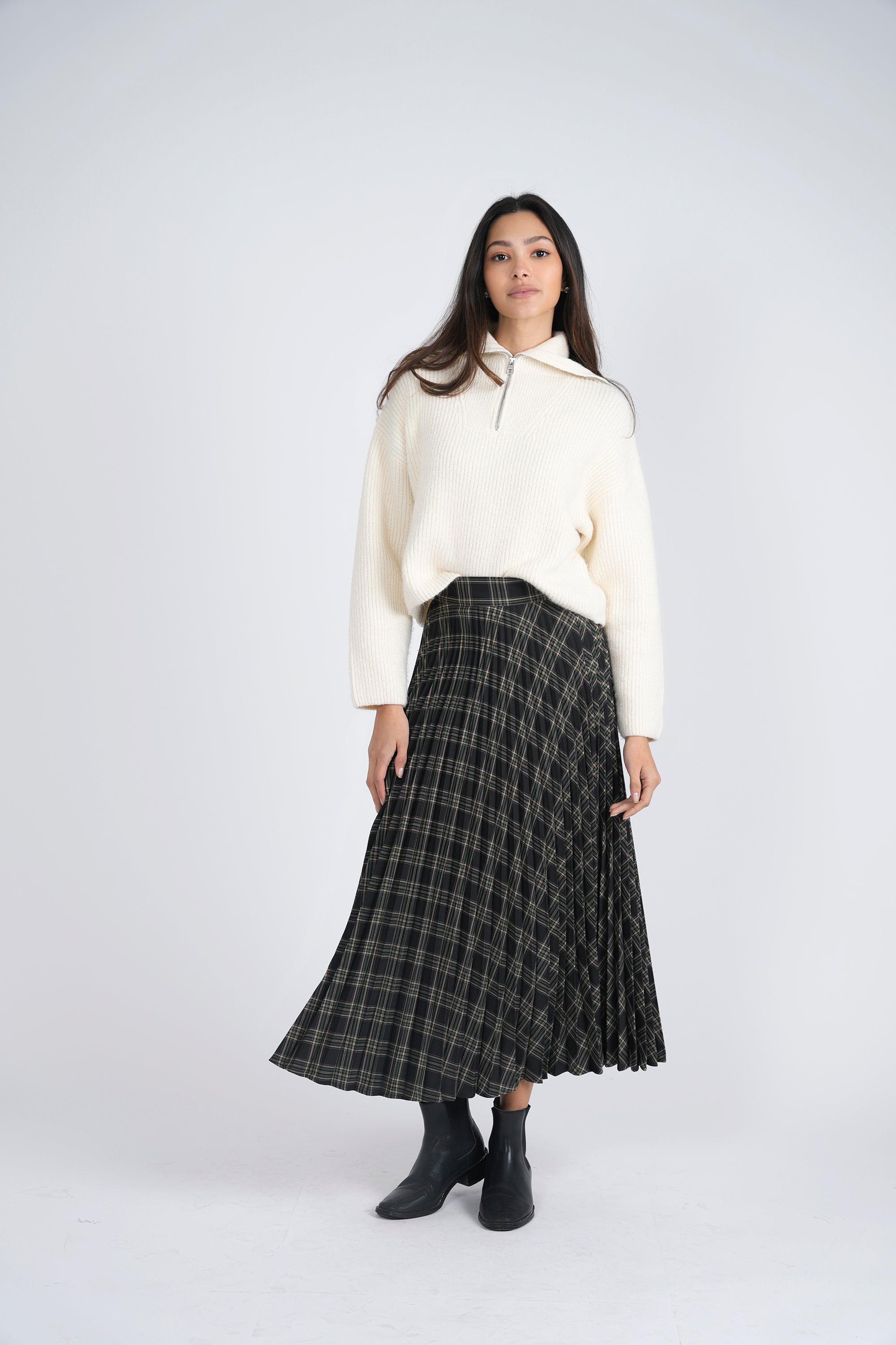 Accordian Pleated Midi Plaid Skirt