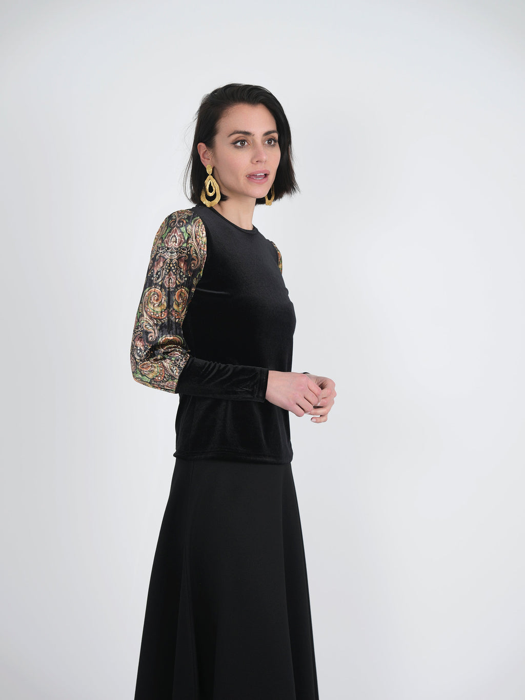 Slinky Velour Combo printed Accordian Sleeve Top