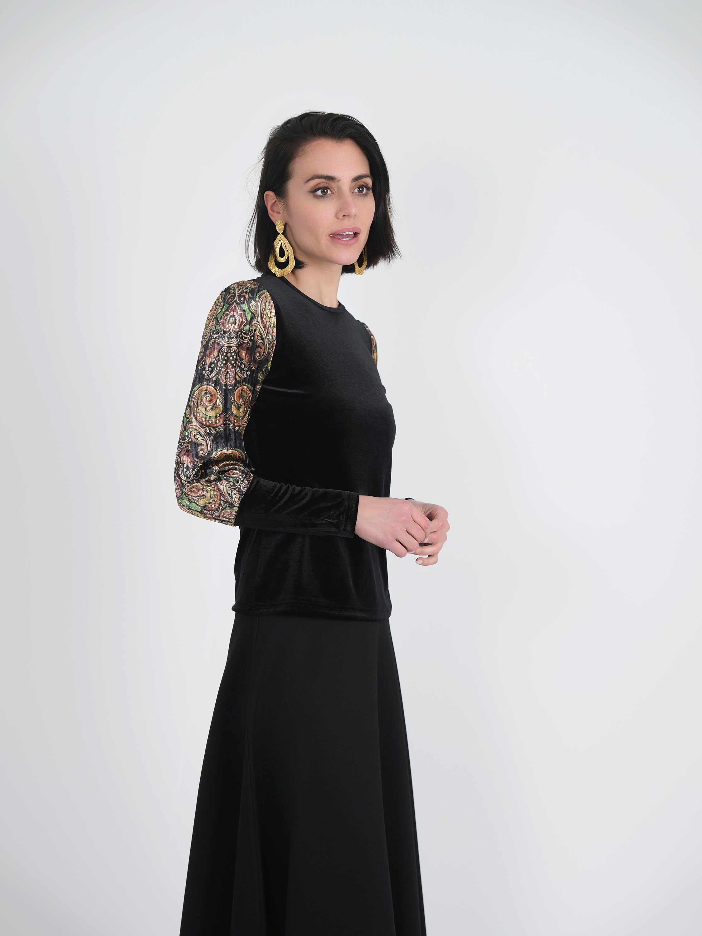 Slinky Velour Combo printed Accordian Sleeve Top