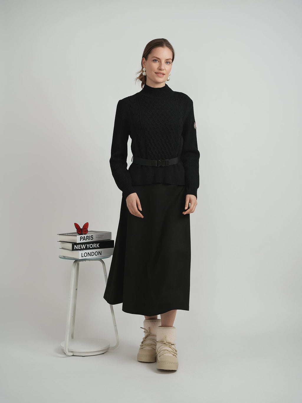 Cable knit Quilt Sweater With Belt