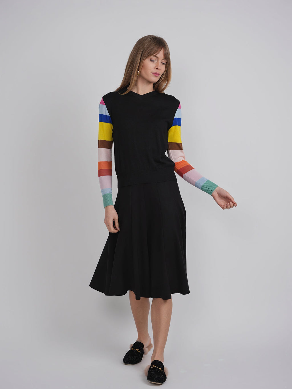 V Neck Sweater With Striped Sleeves