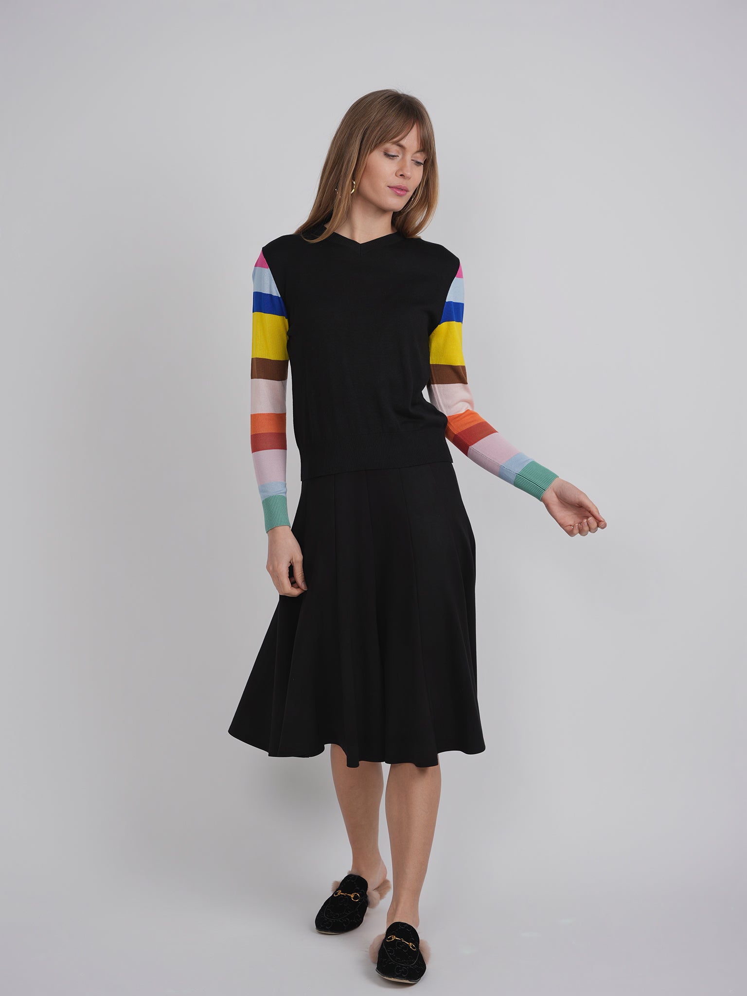 V Neck Sweater With Striped Sleeves