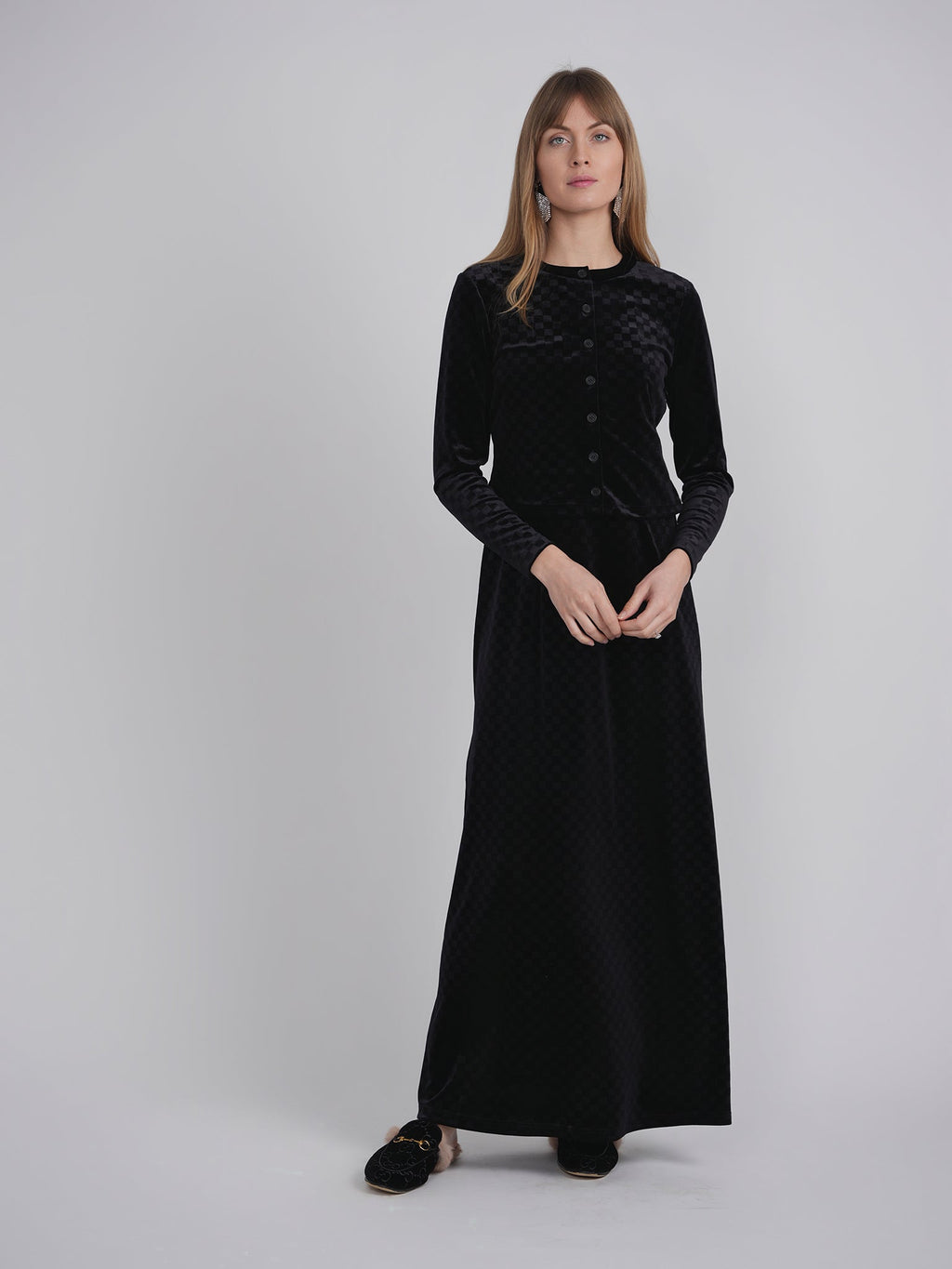 Checked Velour 2 PC Maxi Dress