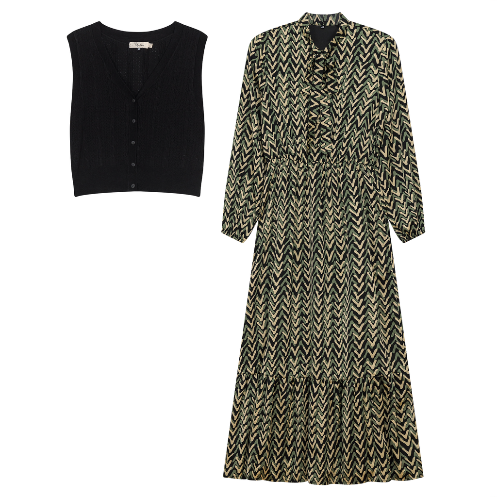 Printed Chiffon Tiered Dress With Crochet Knit Vest