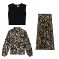 Printed Satin Midi Accordian Pleated Skirt Set With Cropped Knit Vest