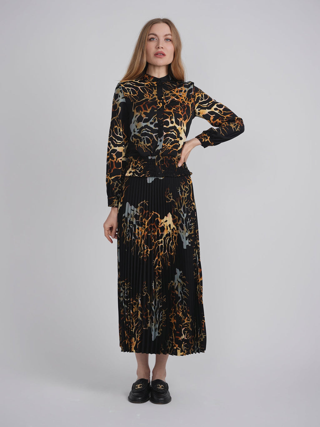 Printed Chiffon Accordian Pleated Midi Skirt