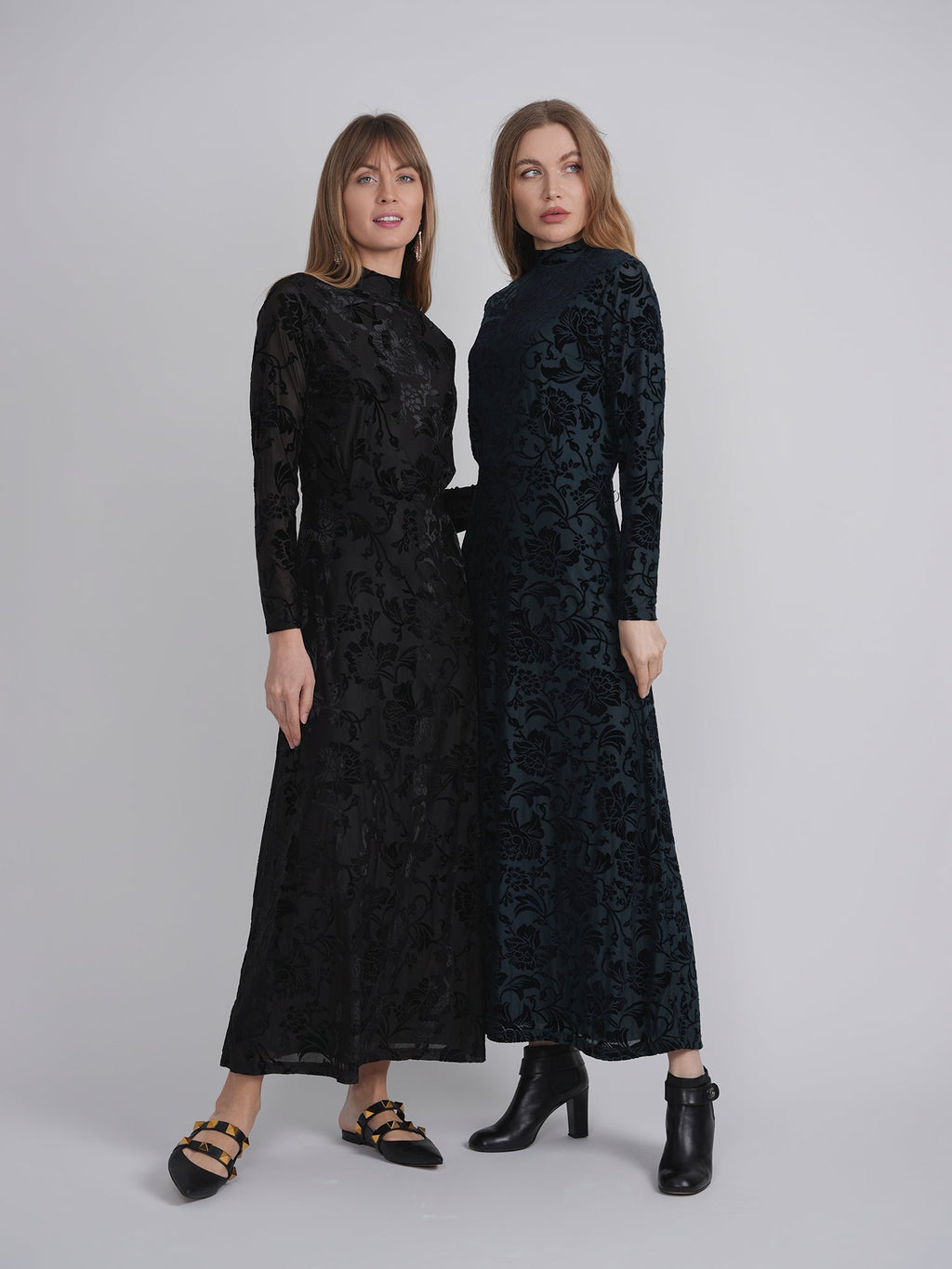 Mock Neck Flocked Chiffon Maxi Dress