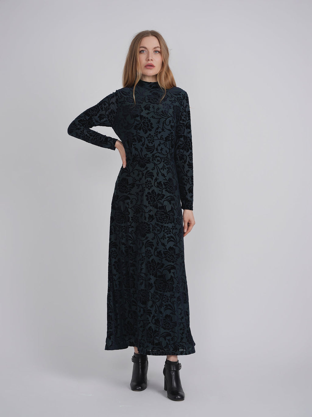 Mock Neck Flocked Chiffon Maxi Dress
