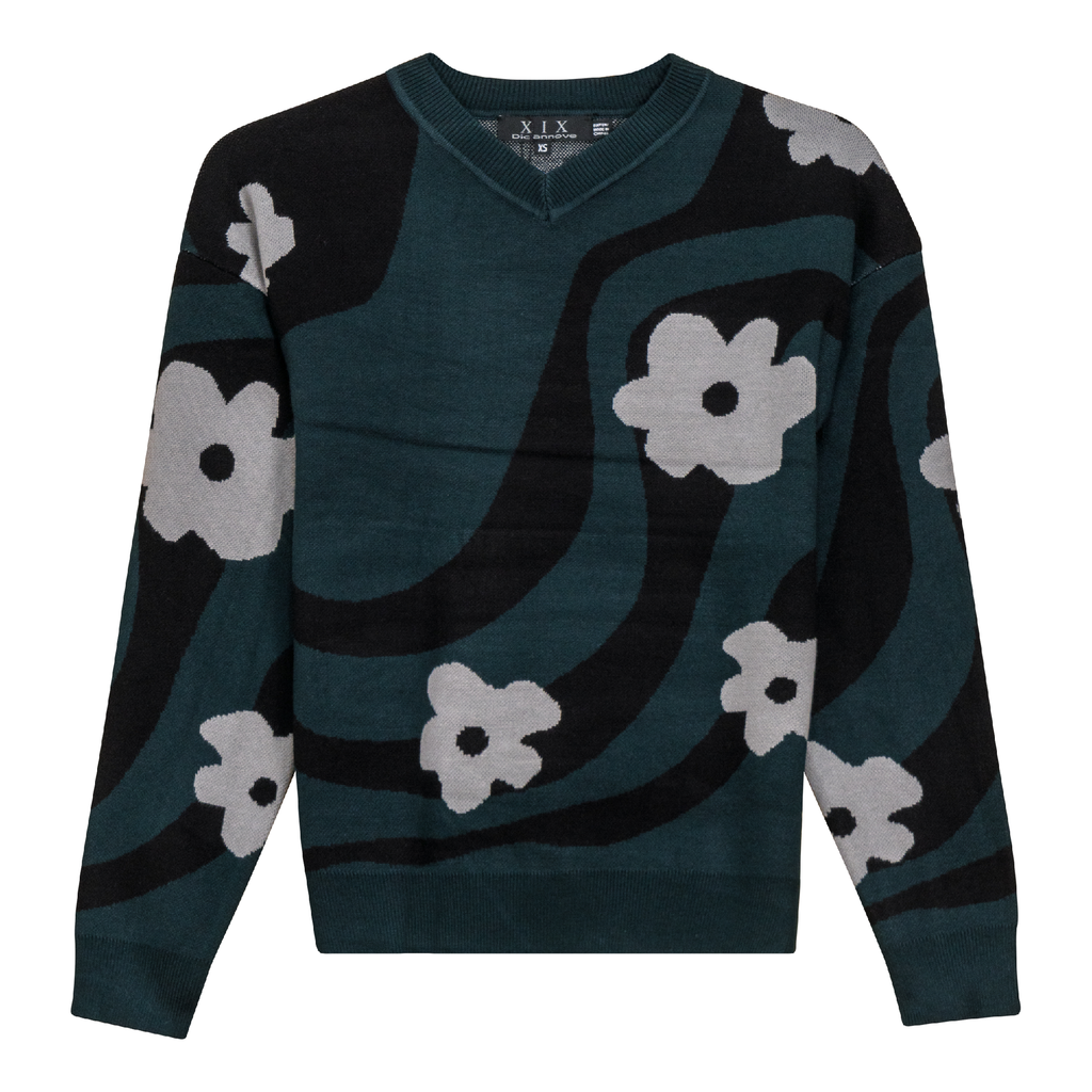 V Neck Floral Knit Sweater