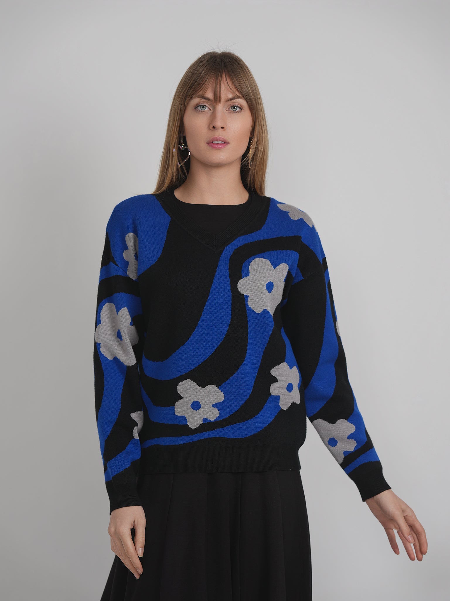 V Neck Floral Knit Sweater