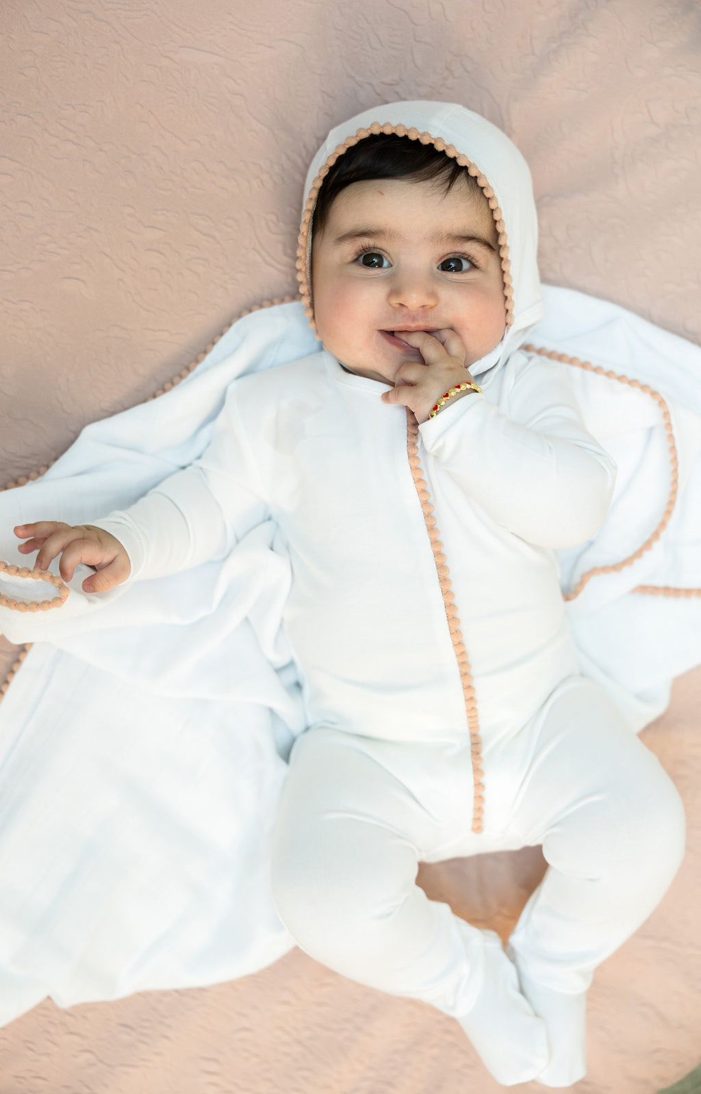 Pom Pom Trim Onesie with Bonnet