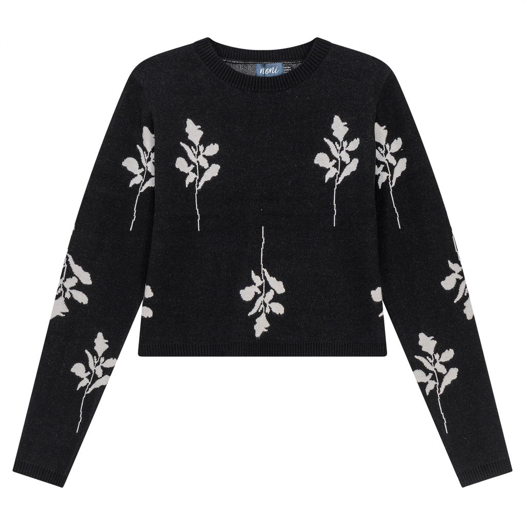Leaves Print Crop Knit Sweater