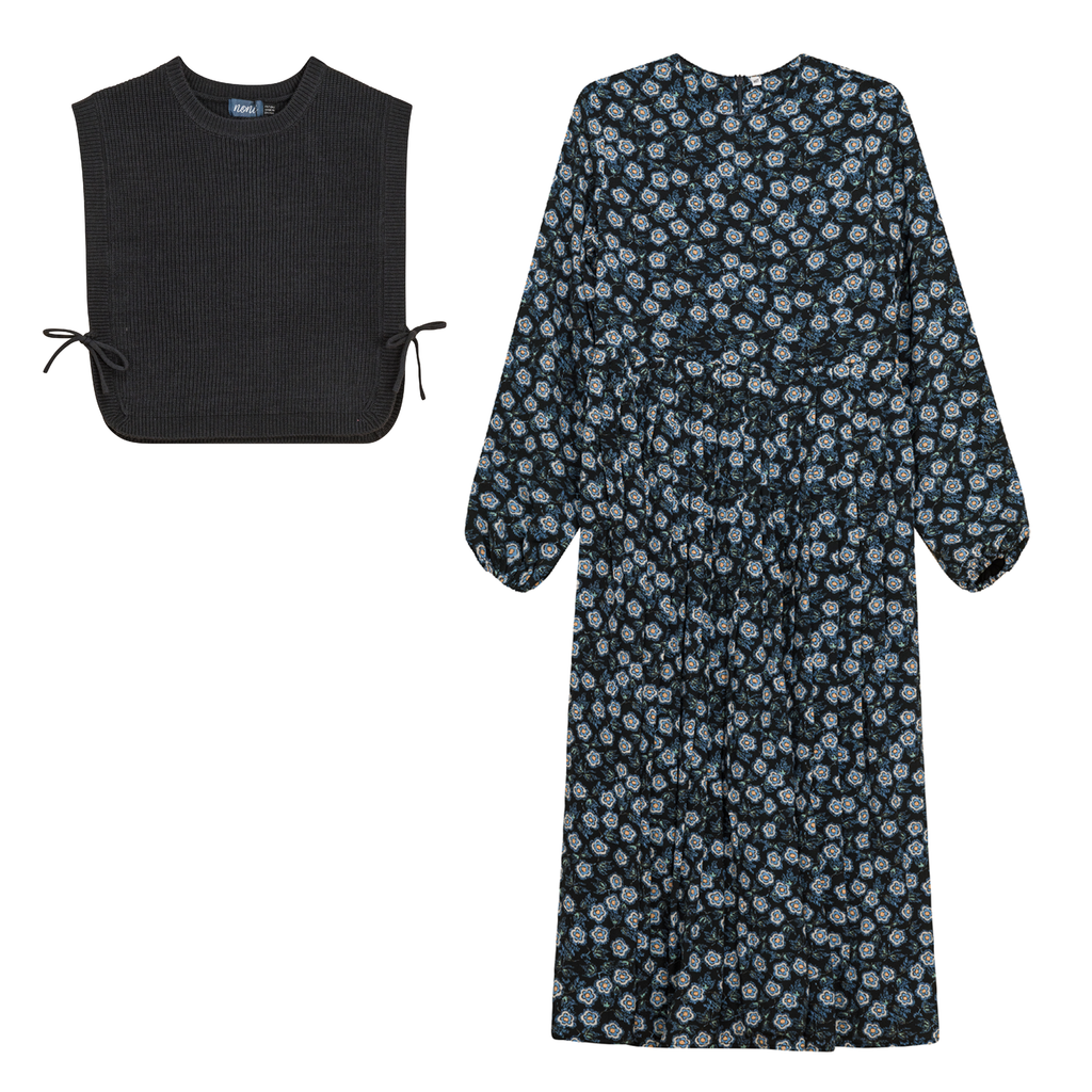 Midi Printed Dress with Knitted Vest