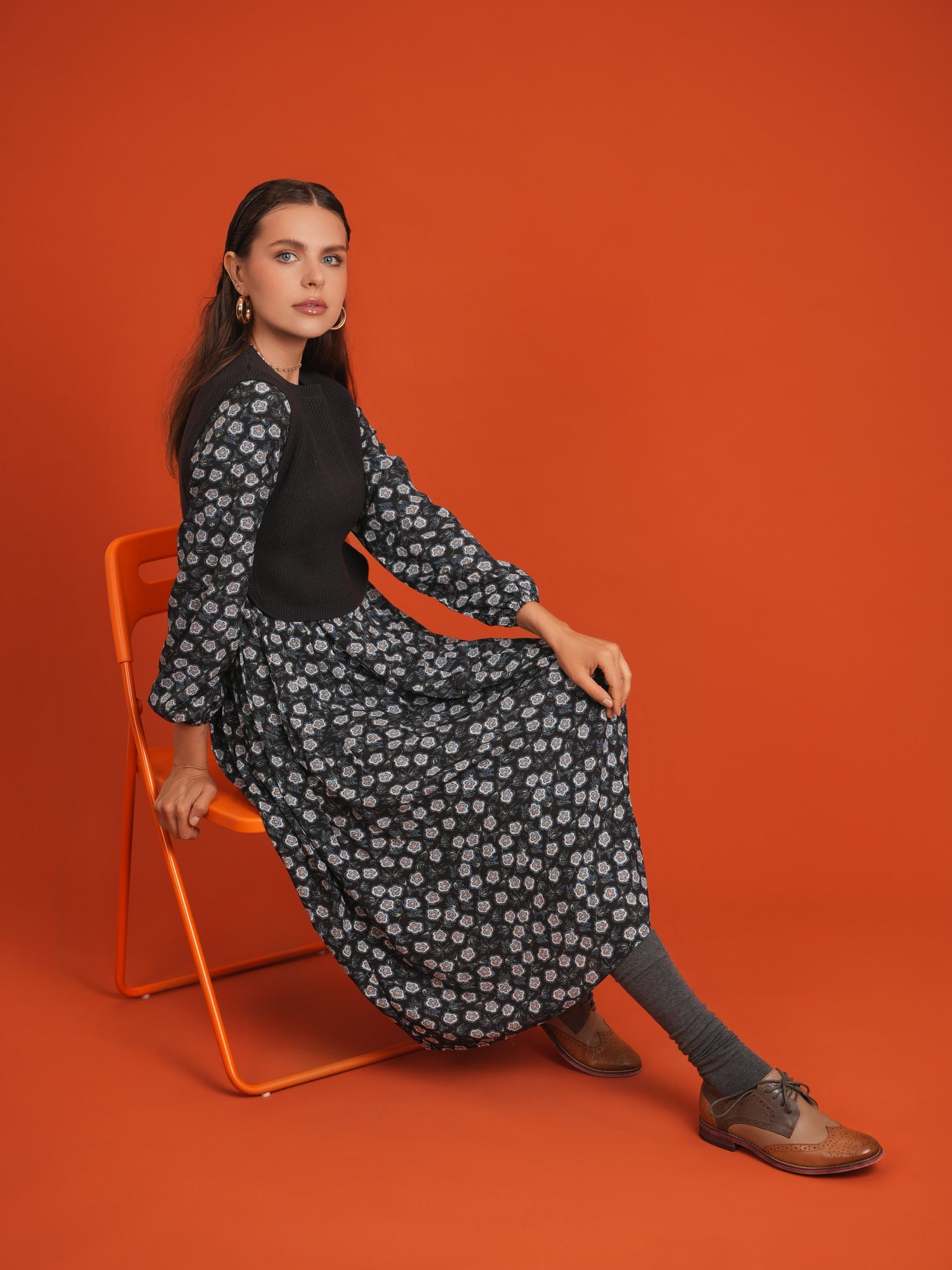 Midi Printed Dress with Knitted Vest