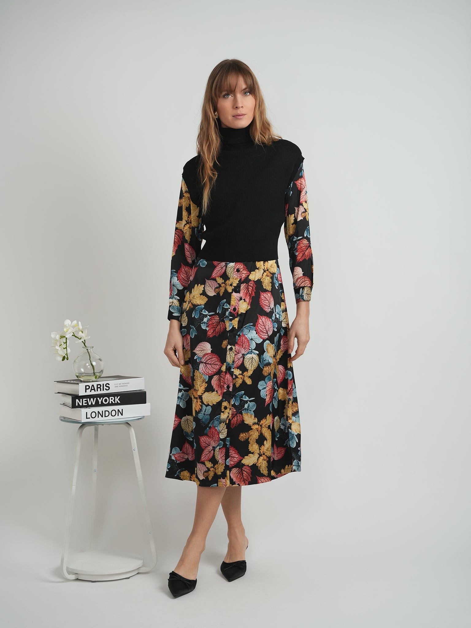 Printed Satin Midi Shirt Dress