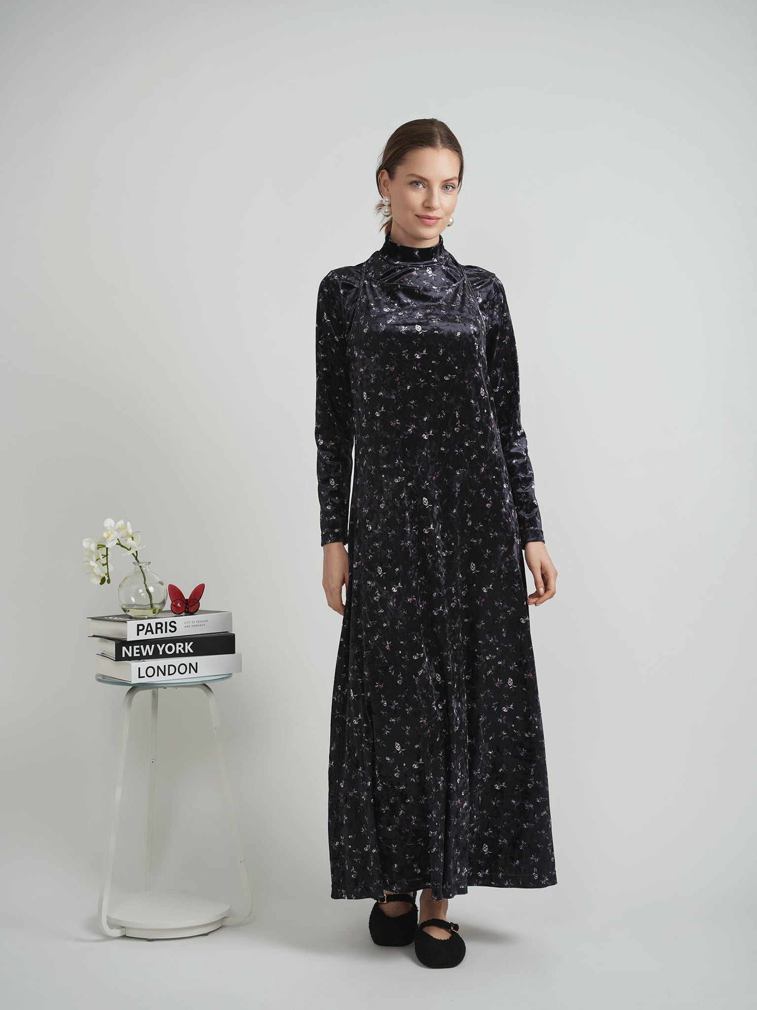 Printed Velour Maxi Jumper Mock Neck