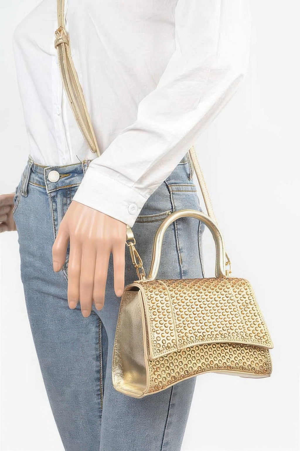Metallic Rhinestone Hotfix Top Handle Flap Bag