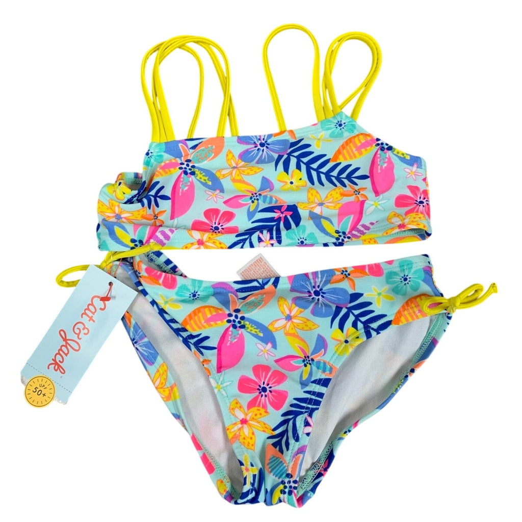 New Cat & Jack Girls XS (4/5) UPF 50+ Blue Pink Floral Bikini 2PC Swimsuit