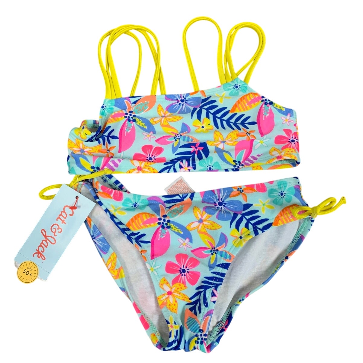 New Cat & Jack Girls XS (4/5) UPF 50+ Blue Pink Floral Bikini 2PC Swimsuit