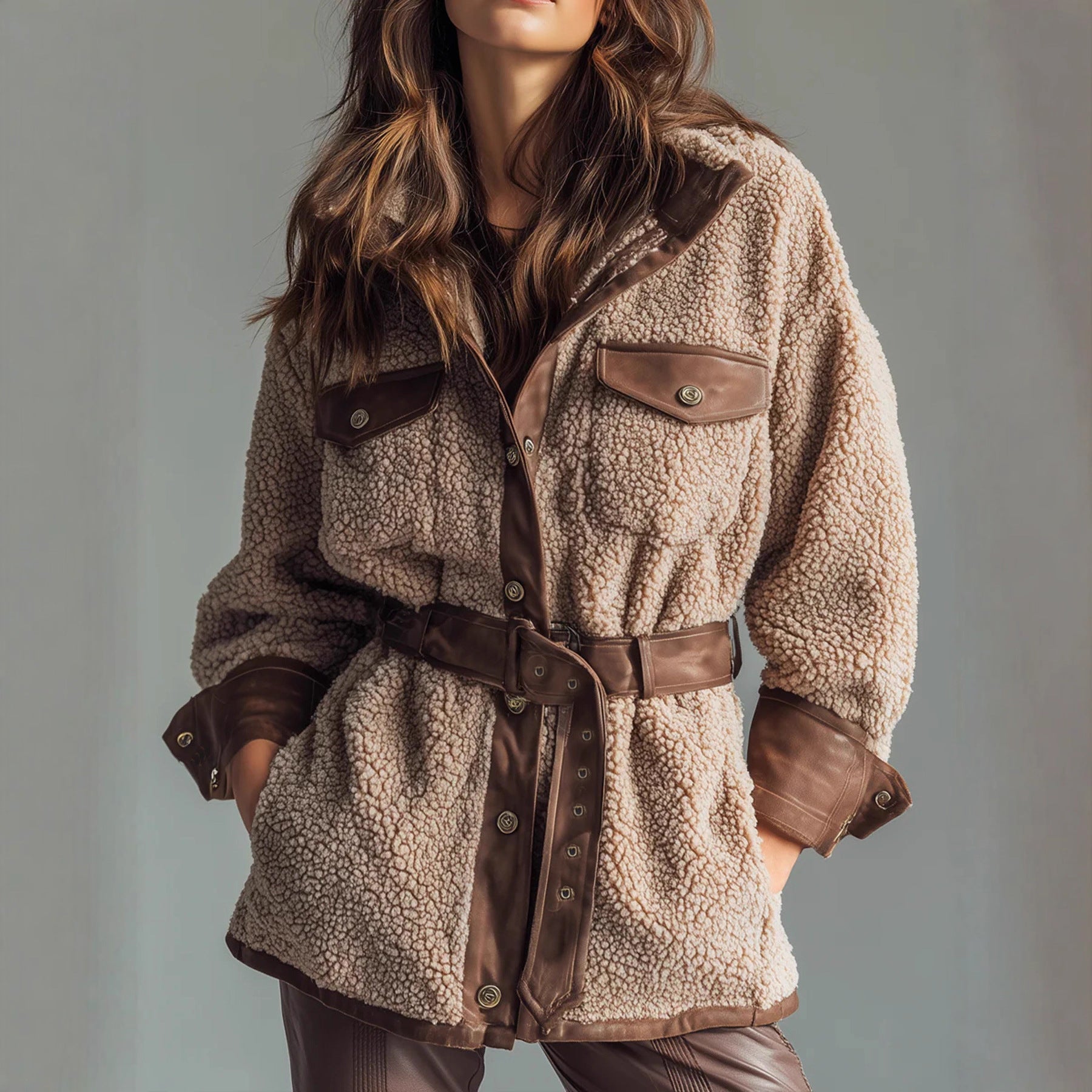 Women's Wear Thickened Lamb Fur Spliced PU Leather Pocket Leather Belt Retro Coat