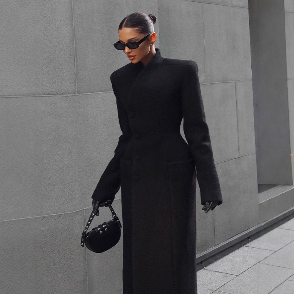 Temperament Shoulder-padded Waist-cinching Long Wool Coat For Women