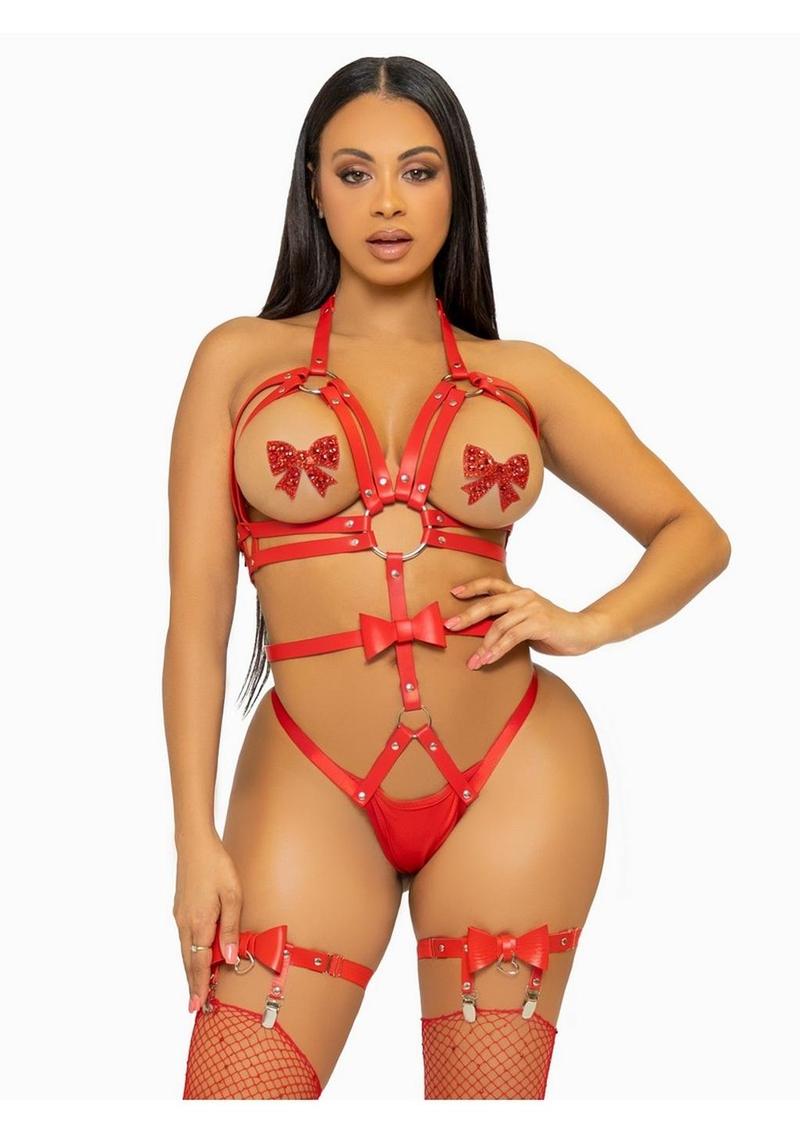 Convertible Vegan Leather O-Ring Studded Harness Teddy With Panty