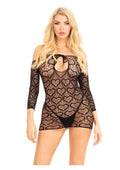 Black Seamless Heart Net Mini Dress with Keyhole Tie Front