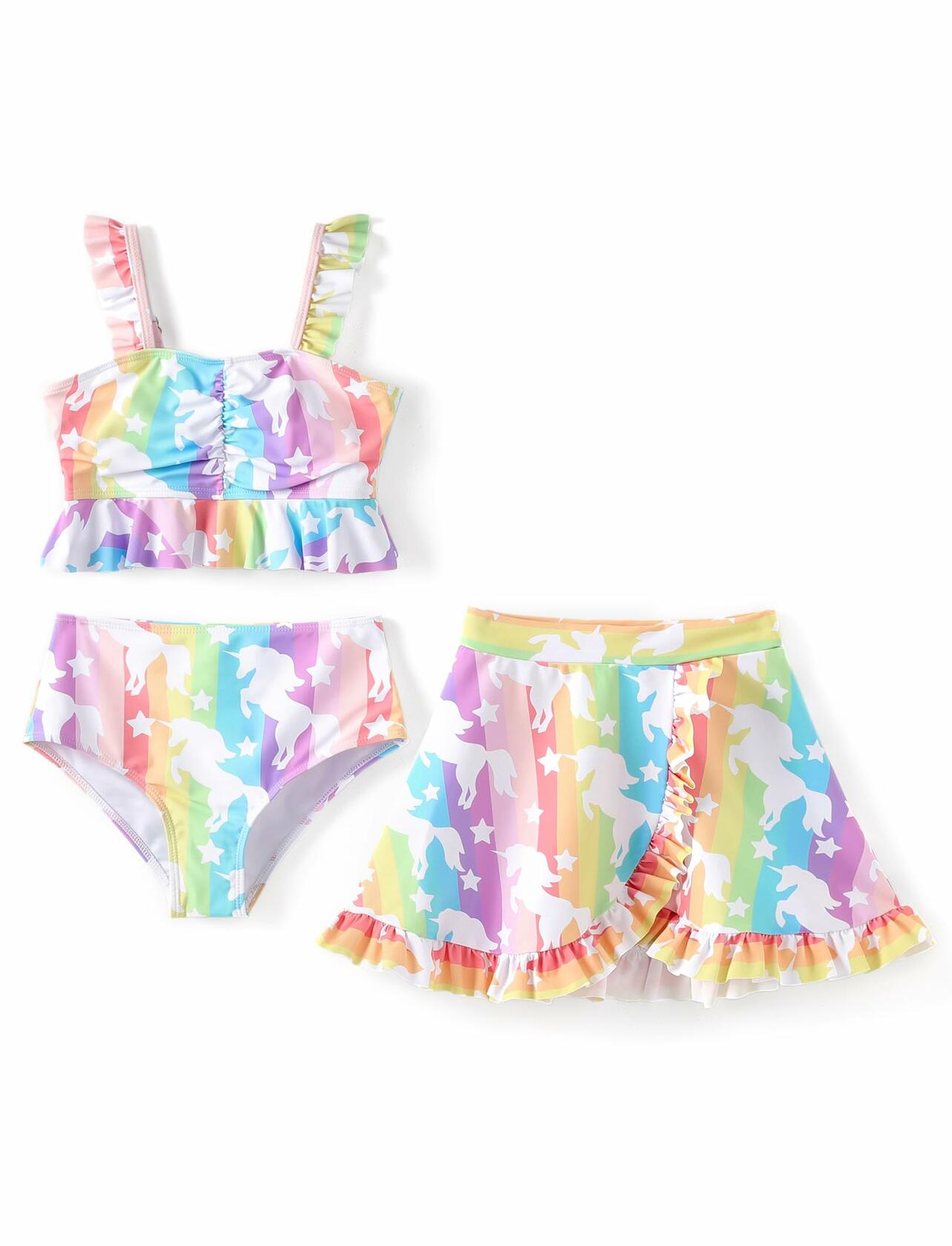 PATPAT Girls 3PC Ruffle Sleeve Rainbow Unicorn Bikini Colorful Size 7-8 Years