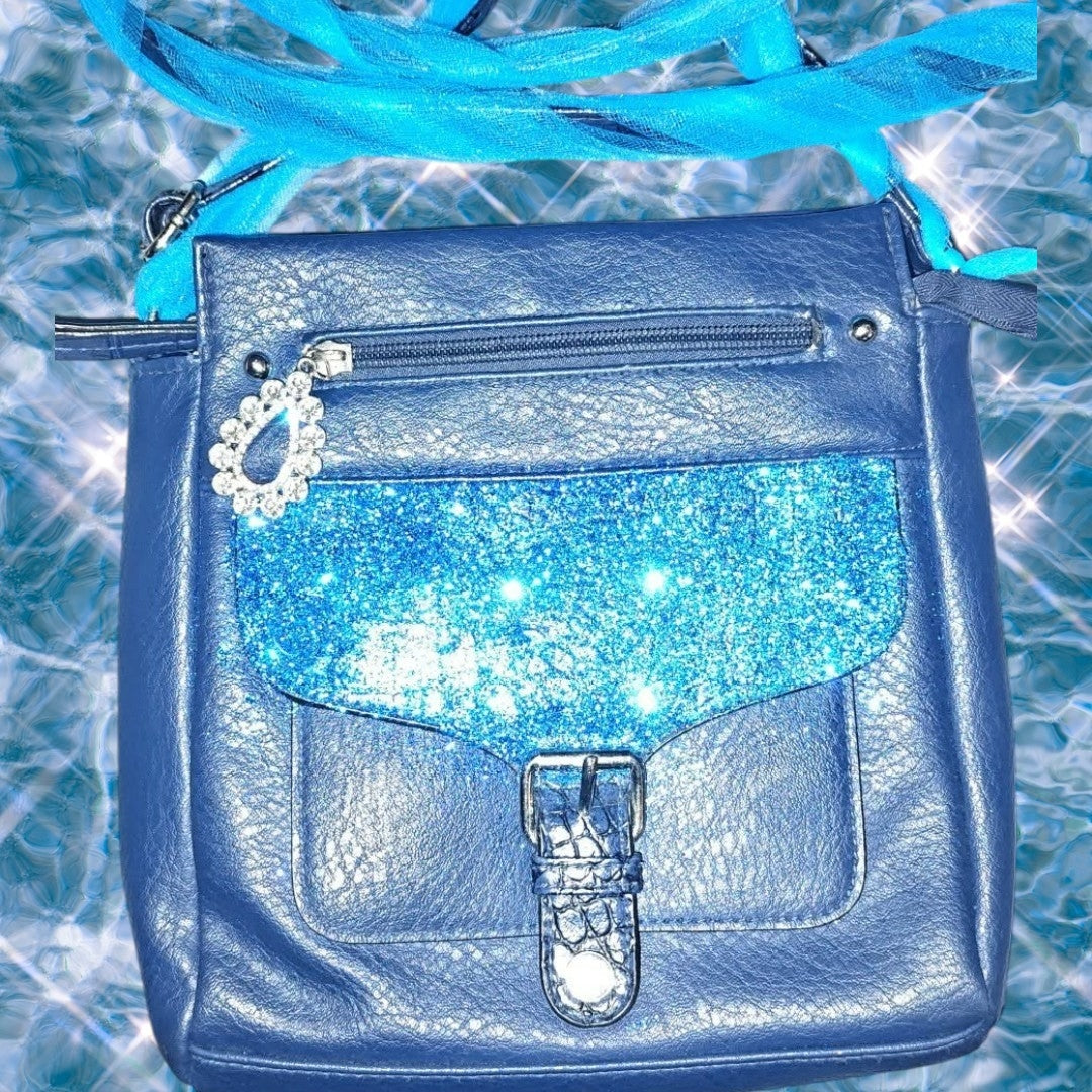 Blue Shoulder Bag with blue sparkle and a fancy zipper