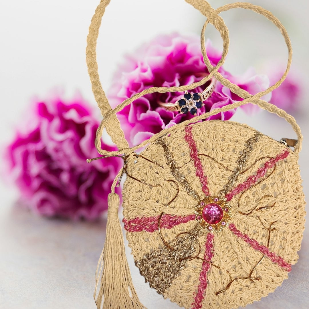 Crocheted Crossbody Bag with pink and gold accents