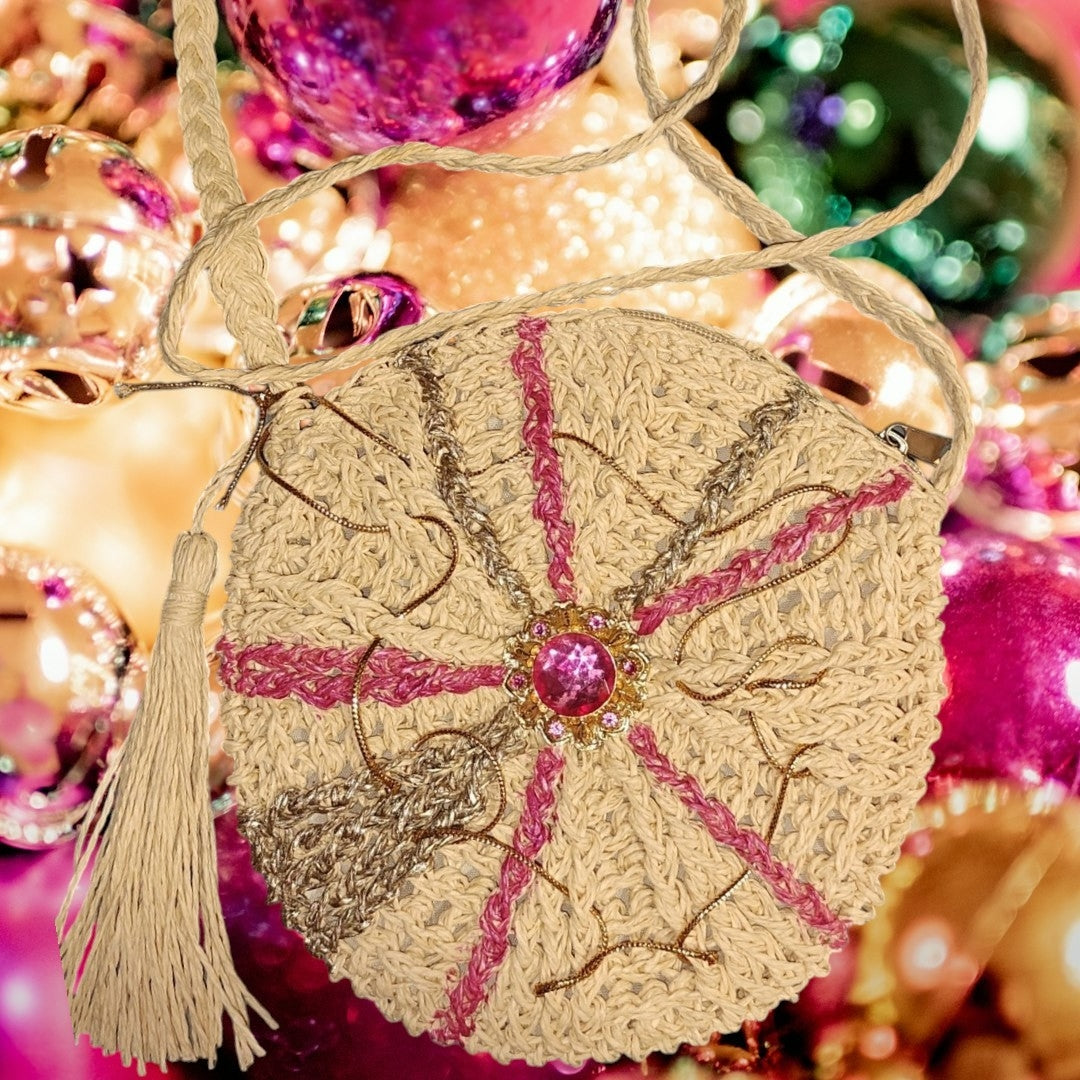 Crocheted Crossbody Bag with pink and gold accents
