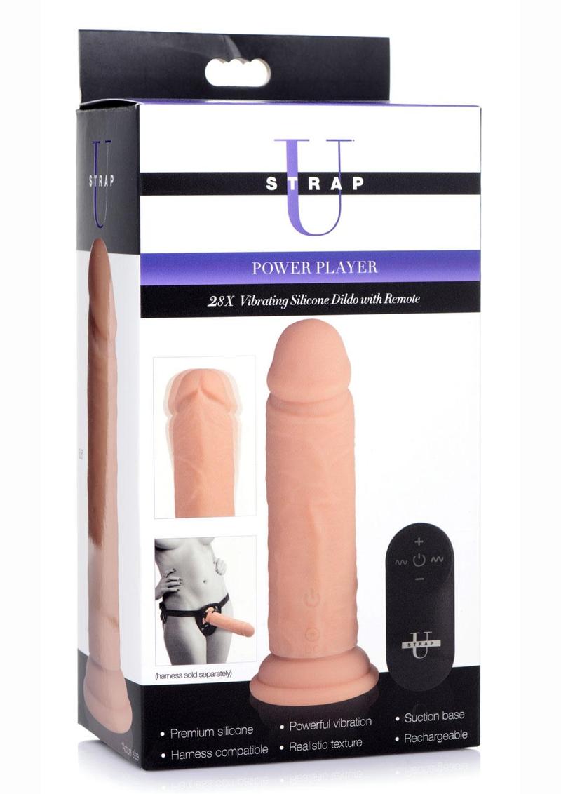 Strap U Power Player 28X Vibrating Rechargeable Silicone Dildo with Remote